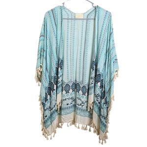 Beachy Aztec Turquoise  Open Front Cardigan Tassels One Size Women's